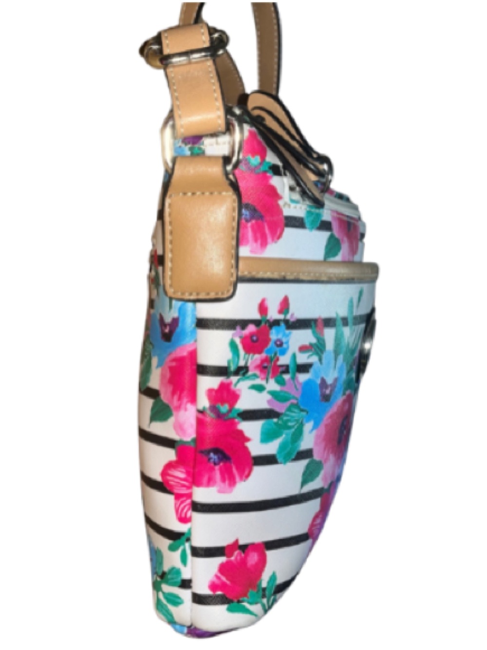 Giani Bernini Floral Stripe Faux Saffiano Crossbody Bag W/Tan Trim, GUC - Picture 5 of 9
